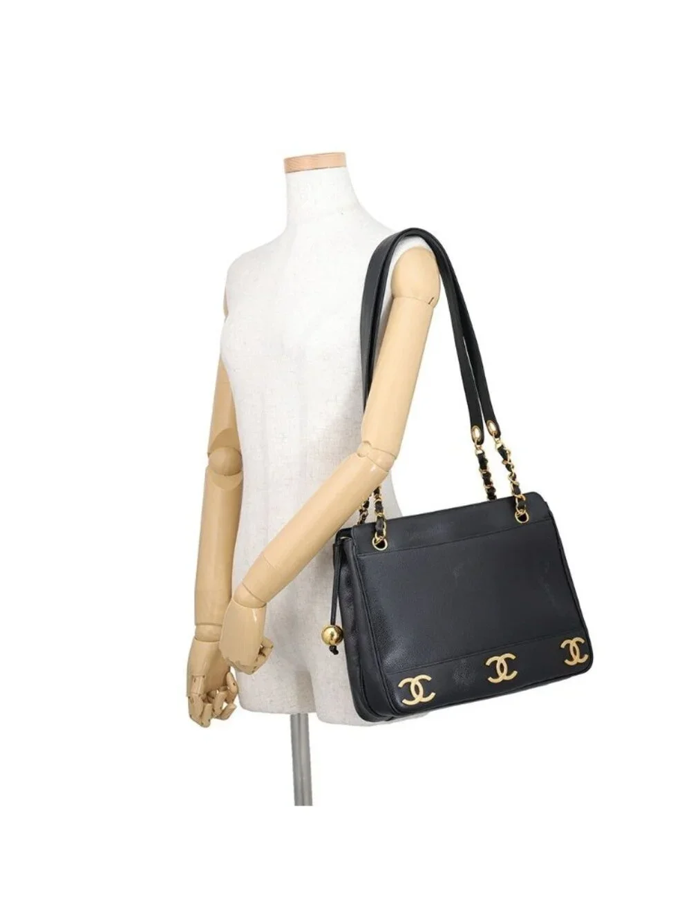 Chanel Chain Tote Triple CC Logo Caviar Leather Black